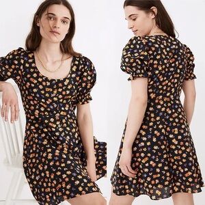 Madewell 2 Smock Sleeve Button Front Mini Dress in Happy Hibiscus Blue Orange